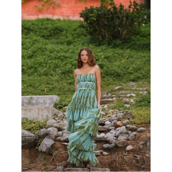 ANTHROPOLOGIE Hutch Lanza Strapless Pleated Tiered Ruffle Tulle Maxi Dress Green - Picture 10 of 15